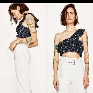 Zara Frilled Jacquard One Shoulder Crop Top